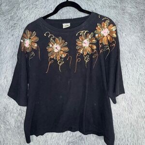 cesucci Vintage Black 3/4 Sleeve T Shirt Floral Rhinestones‎ Pearls Roses Medium